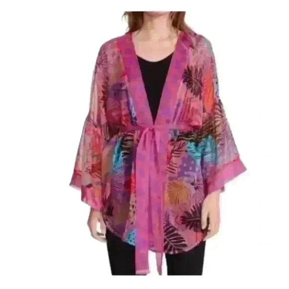 NWT Steve Madden Womens Tropical Jungle Tie Front Kimono Grap Pink Tropical OS - Picture 2 of 6